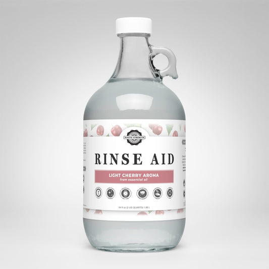 Rustic Strength rinse aid for dishwashers in light cherry, 16 oz bottle with flip-top spout for automatic dishwasher cleaning.