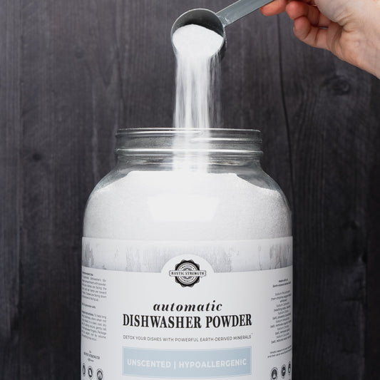 Rustic Strength automatic dishwasher powder in a 2 lb bag, designed for effective dishwashing and cleaning.