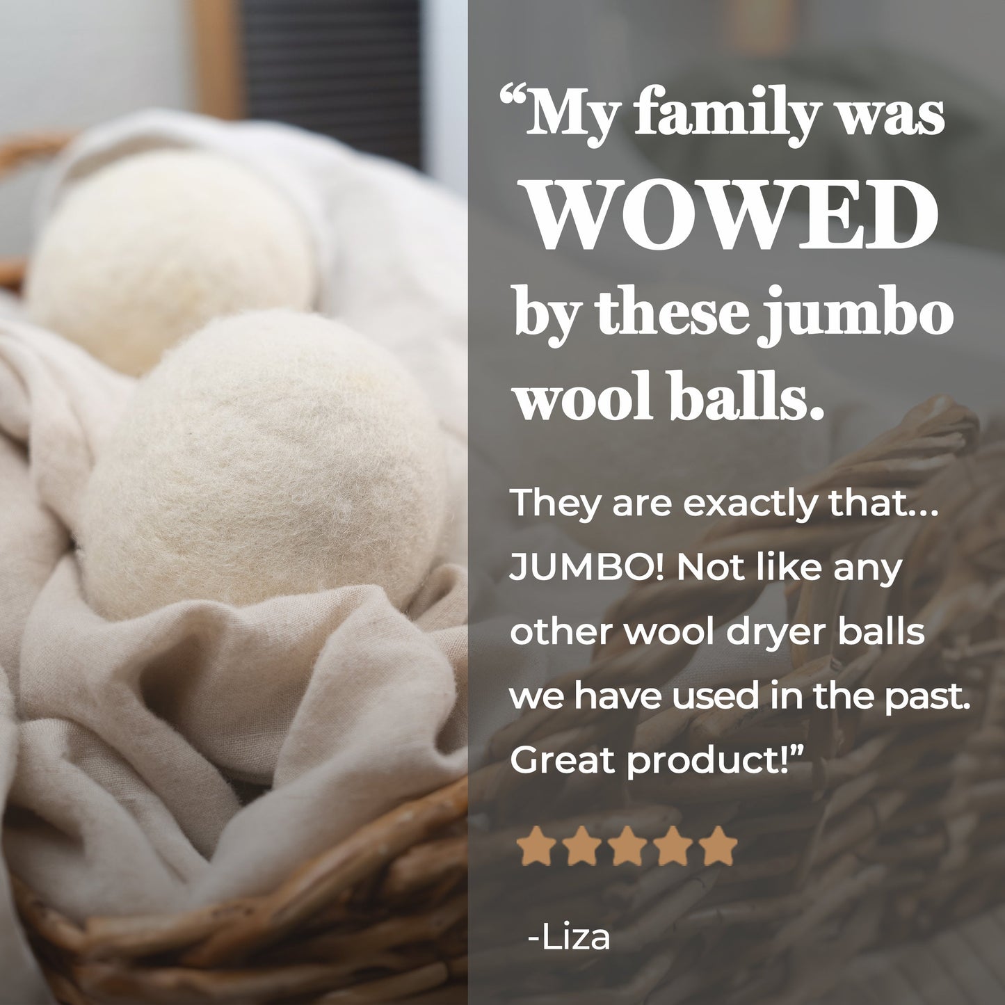 A basket holds Jumbo Wool Dryer Balls (3 pack) by Rustic Strength on a soft cloth. Overlaid text shows Lizas five-star review praising the size and quality of these eco-friendly dryer balls.