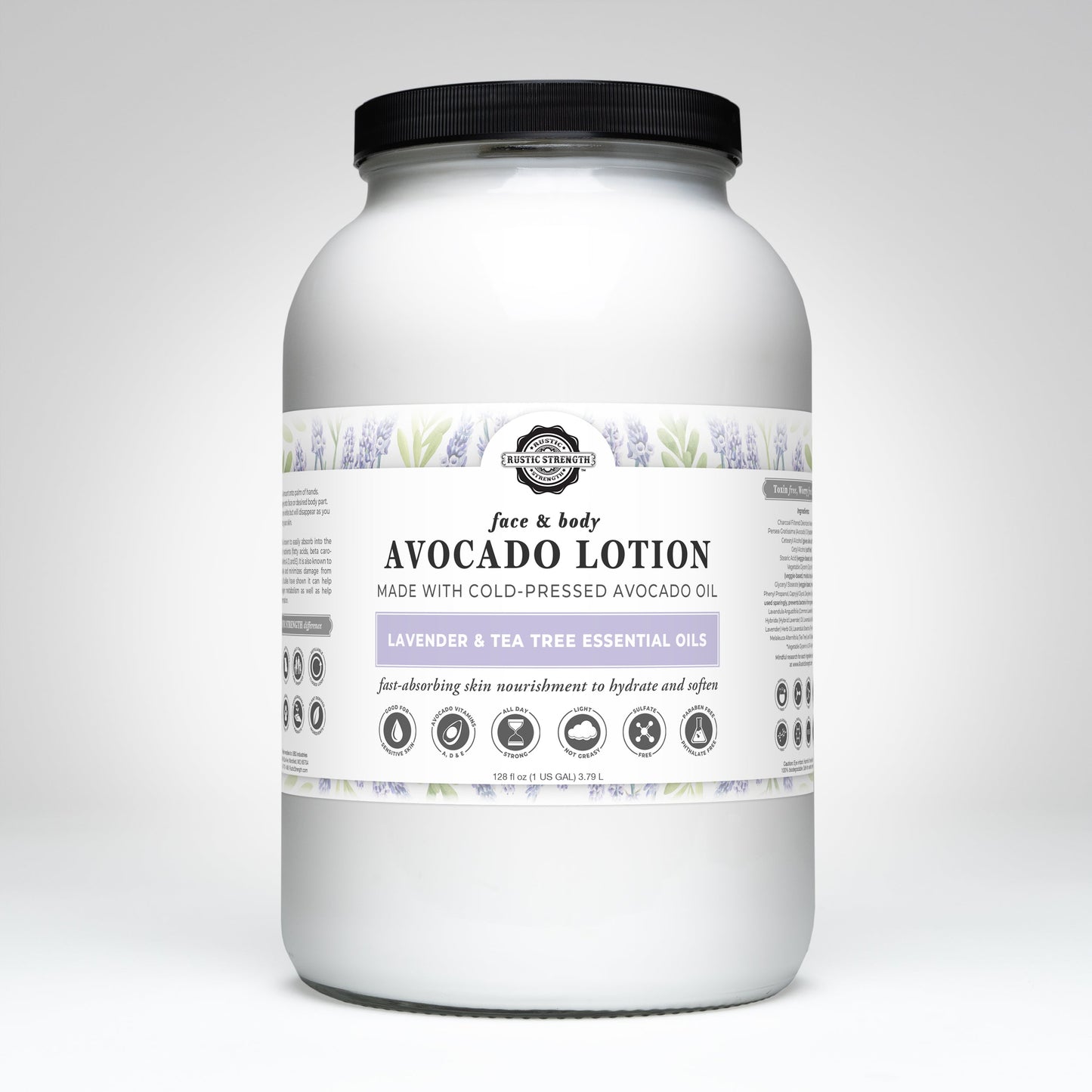 Rustic Strength Avocado Lotion with lavender and tea tree, showing a 16 oz bottle with a pump dispenser and botanical ingredients