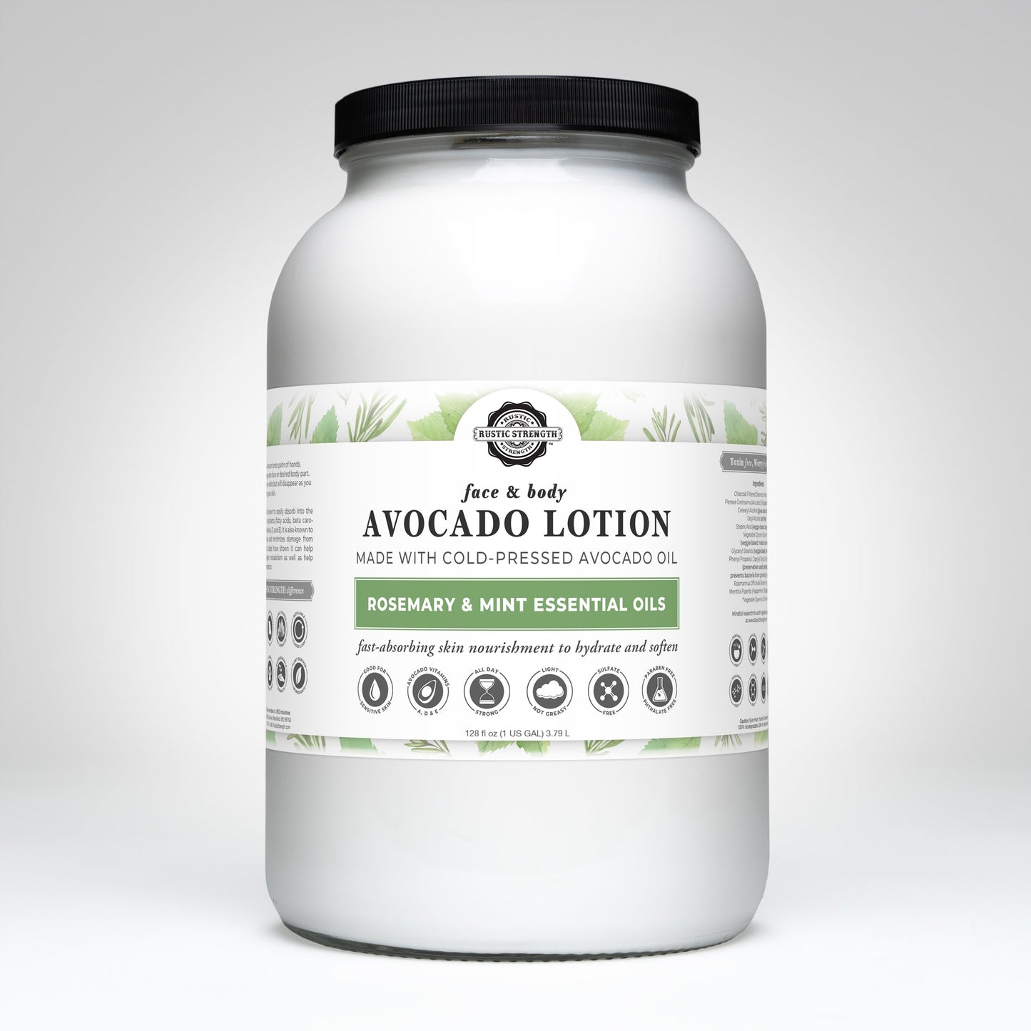 Rustic Strength Avocado Lotion with rosemary and mint in a 16 oz container, showcasing the creamy lotion texture and fresh herbal scent.