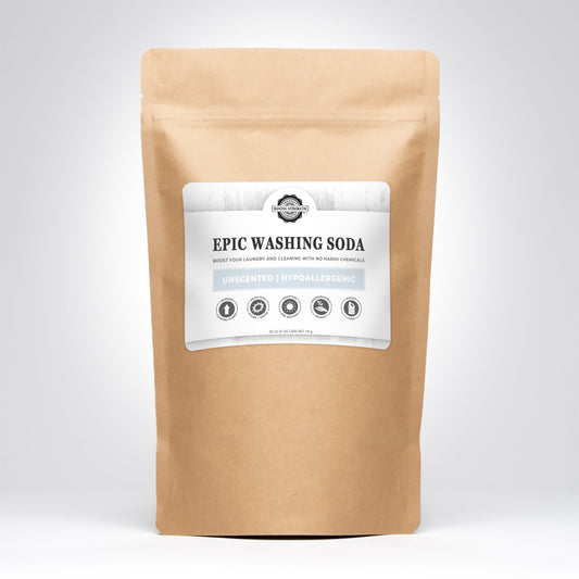 Rustic Strength Epic Washing Soda multi-purpose cleaner in a 2 lb container, ready for household cleaning tasks.