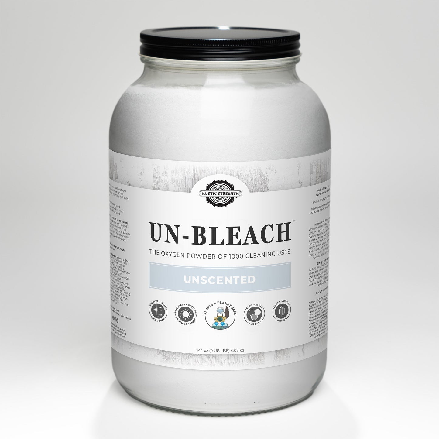 Rustic Strength Un-Bleach multi-purpose cleaner in a 2 lb container, designed for versatile cleaning and stain removal.