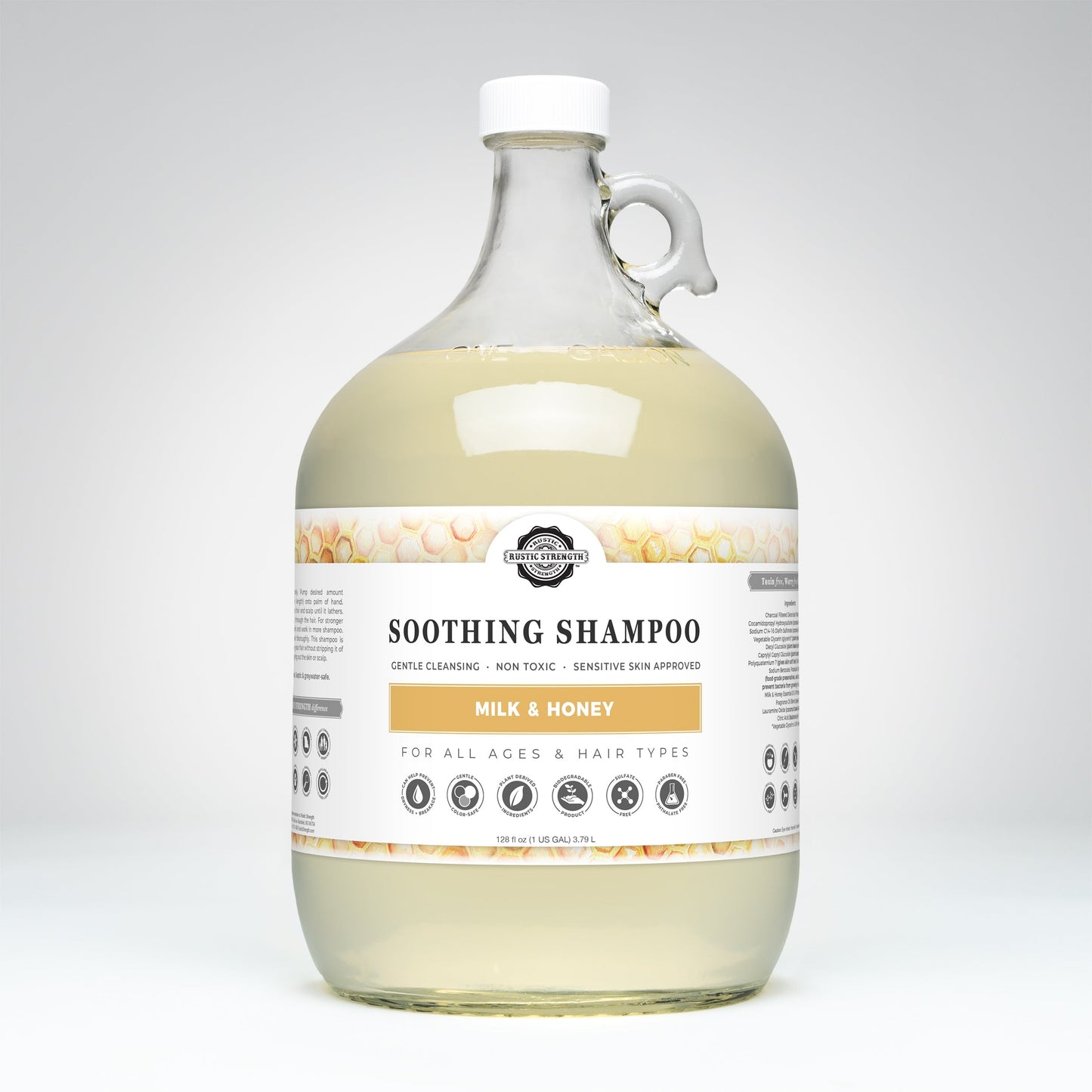 Rustic Strength Milk & Honey Soothing Shampoo in a 16 oz bottle, with creamy formula and gentle cleansing action.
