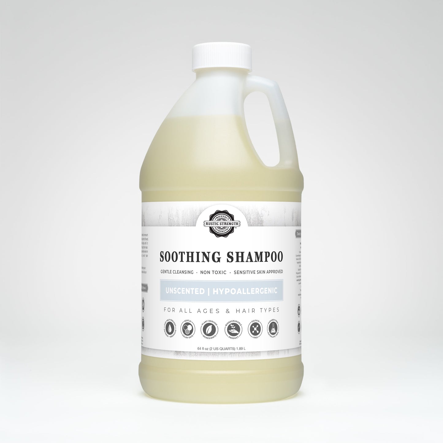 Rustic Strength Soothing Shampoo in a 16 oz bottle, unscented with gentle, nourishing formula for sensitive scalps.