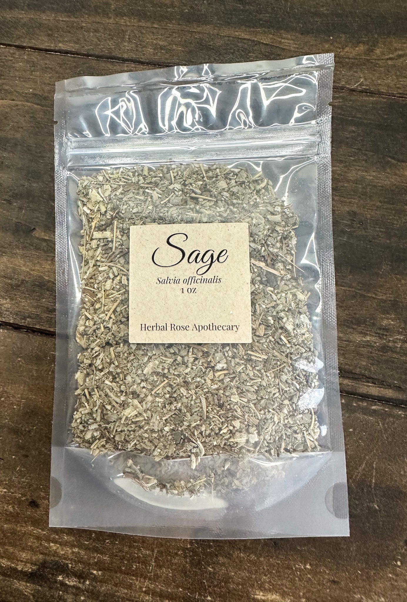 Dried sage herb from HerbalRoseApothecary, 1 oz, showing dried green leaves used for culinary and herbal remedies.