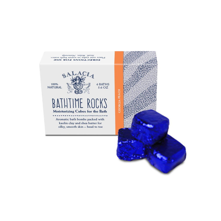 A Salacia Salts BathTime Rocks - singles box with three shiny blue cubes in front, described as aromatic bath cubes made with cocoa butter, kaolin clay, and plant-based ingredients for a moisturizing soak (six baths).