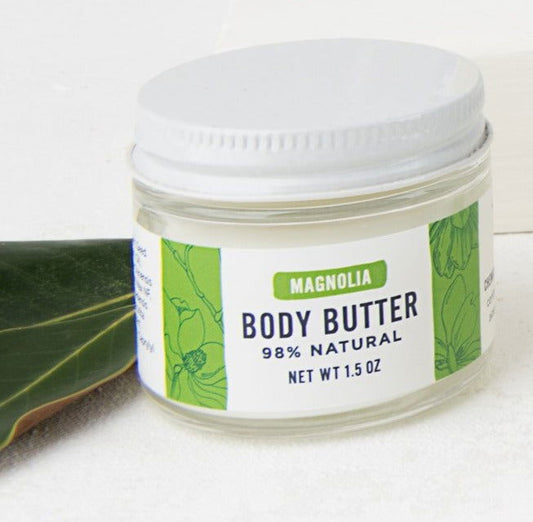 Salacia Salts Magnolia Body Butter jar, creamy bath and body moisturizer with magnolia scent, displayed on a neutral background.