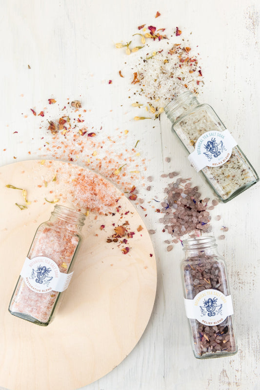 Relaxing Relief Botanical Tea Salt Soak from Salacia Salts, featuring herbal-infused bath salts for soothing bath experience.