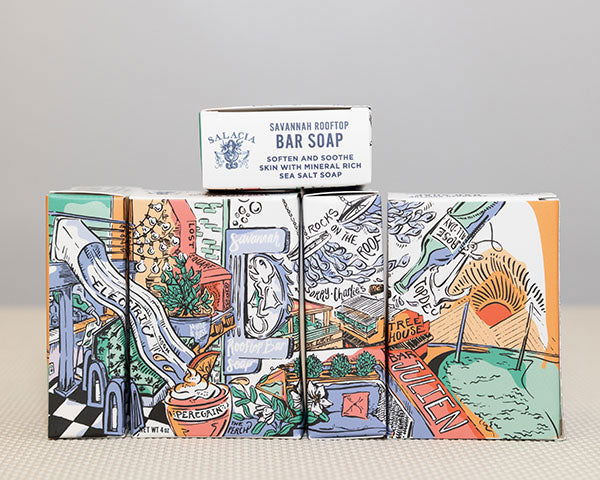 Salacia Salts Rooftop Bar Soap for bath and body, showing the soap bar with natural ingredients on the packaging.