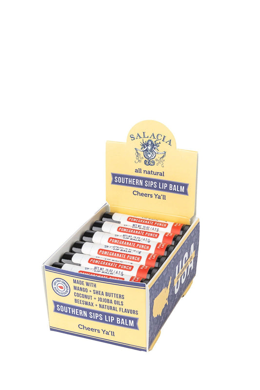Southern Sips Pomegranate Punch Lip Balm by Salacia Salts, moisturizing balm with pomegranate scent for soft, smooth lips.