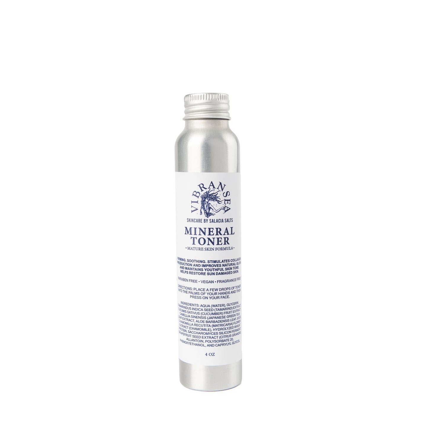 A silver cylindrical bottle labeled Vibransea Mineral Toner - Mature Skin Formula by Salacia Salts stands upright against a white background. Blue text and a seaweed logo highlight this 4 oz marine minerals botanical facial toner for mature skin.