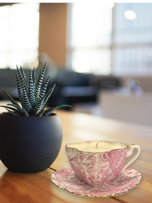 Georgia peach tea cup candles by Salacia Salts, small 4.2 oz candles with peach scent and decorative tea cup design.