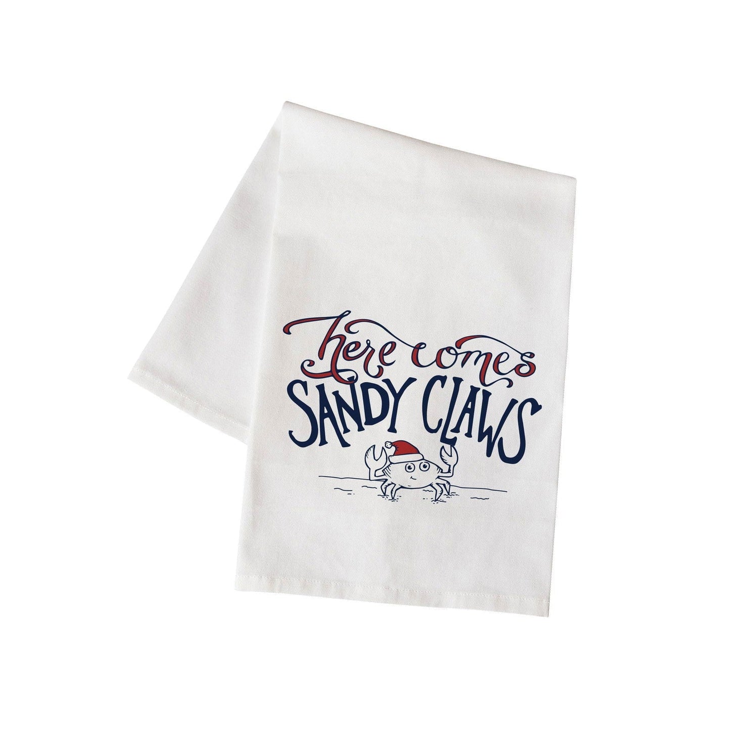 Salacia Salts Here Comes Sandy Claws holiday guest towel with festive Christmas design for kitchen use.