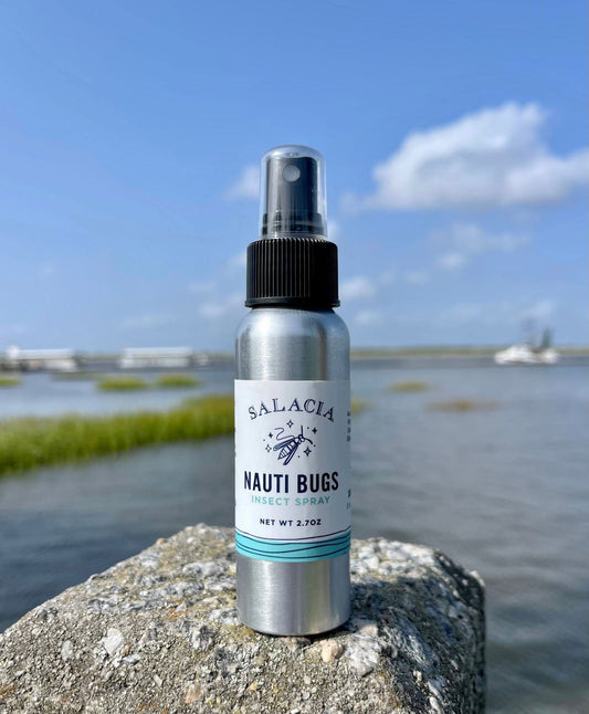 Salacia Salts Nauti Bugs Insect Repellent Spray for skin, with a spray bottle and natural insect repellent ingredients.