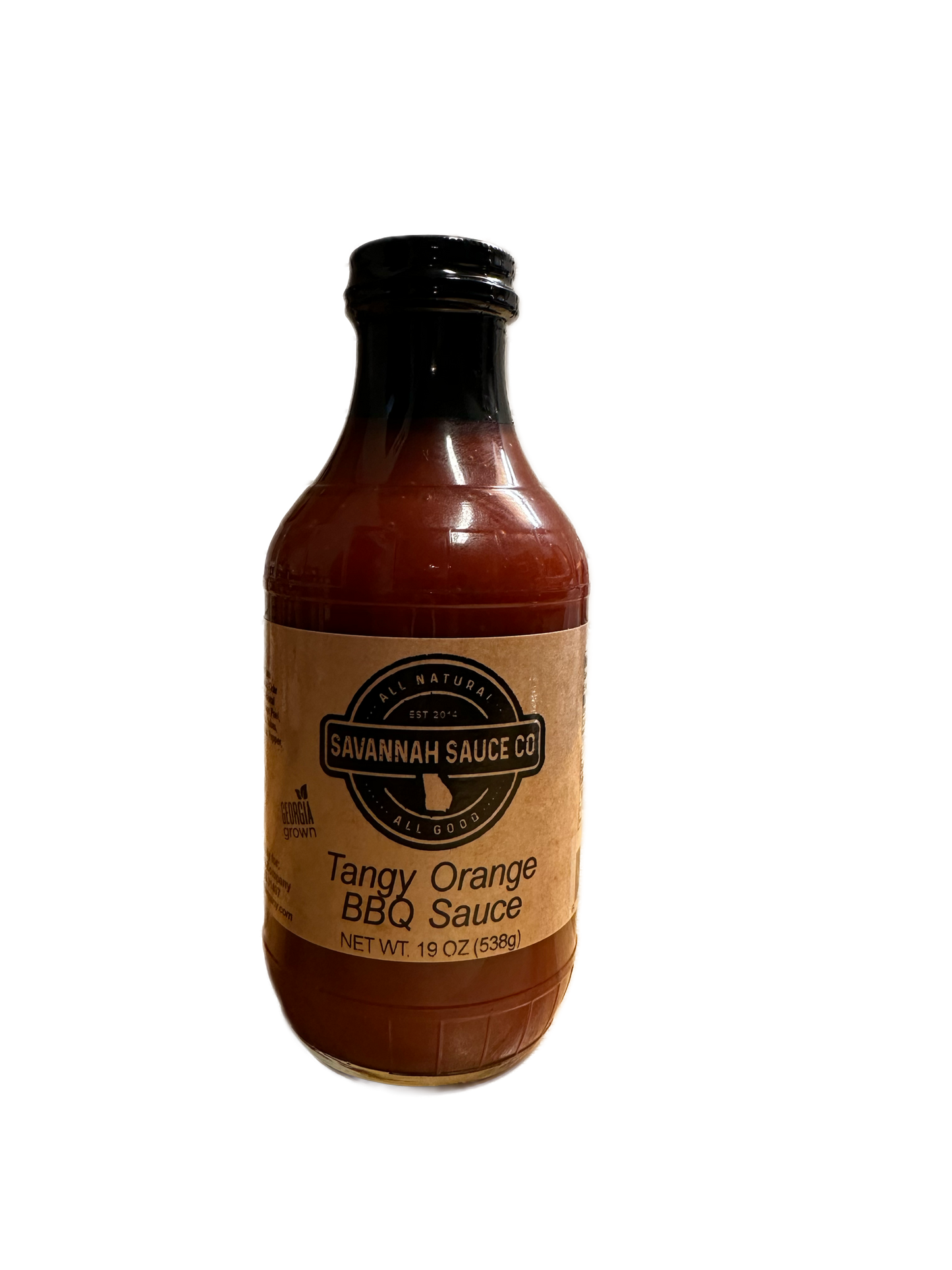 A 19 oz (538 g) glass bottle of SavannahSauceCompany NEW Tangy Orange BBQ Sauce, inspired by Jacksonville, FL, featuring a brown label and black cap with net weight shown on the front.