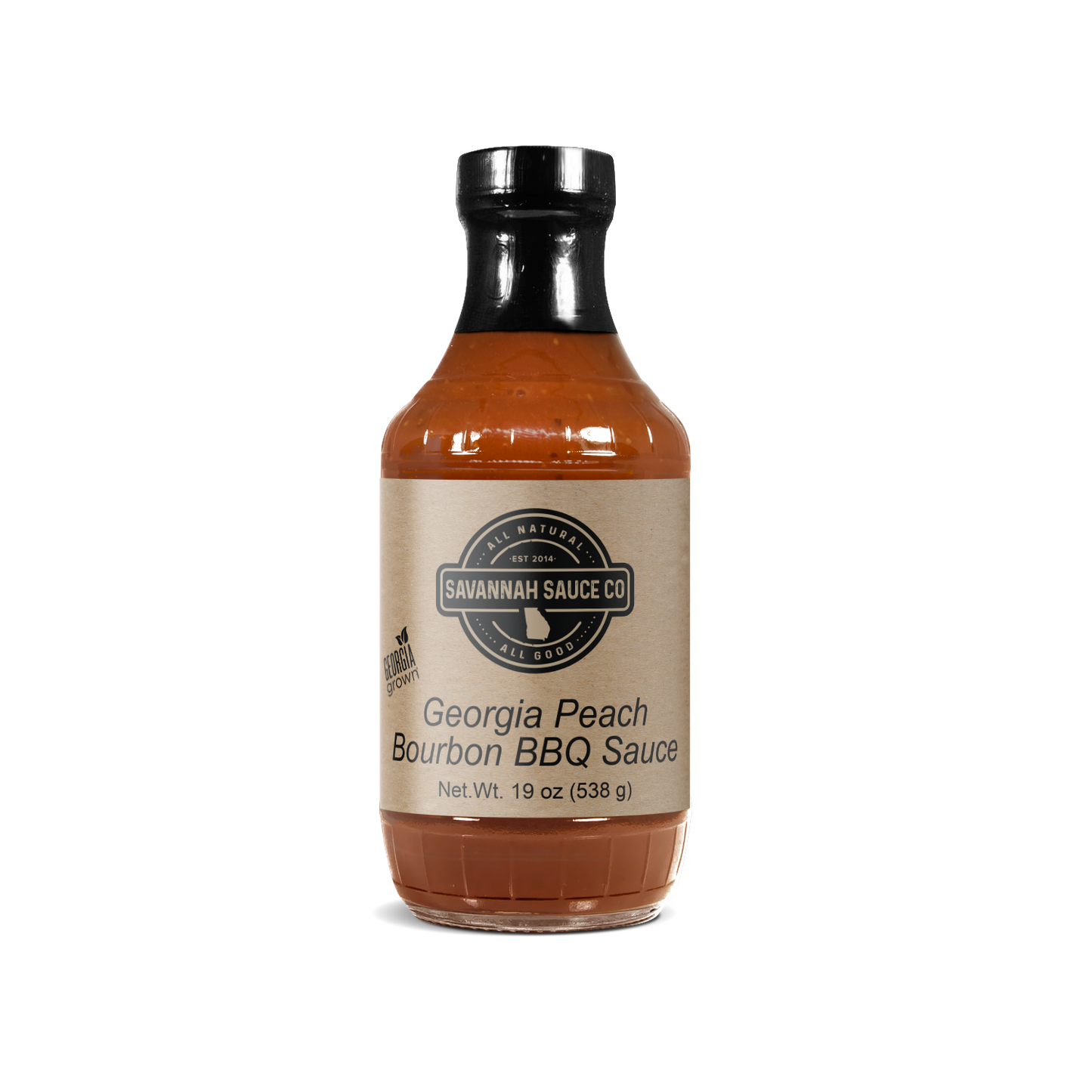 Georgia Peach Bourbon BBQ Sauce from SavannahSauceCompany, 12-pack case, rich peach and bourbon flavor in a savory BBQ sauce.