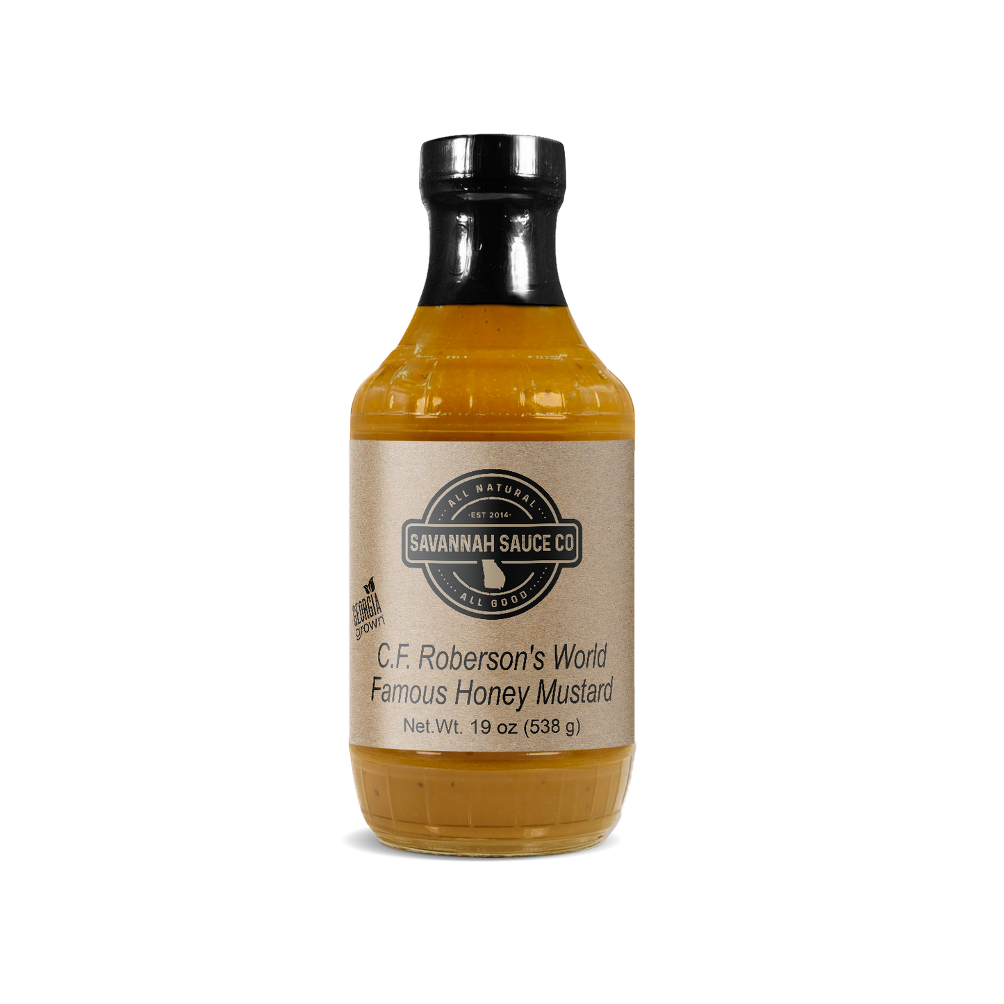 SavannahSauceCompany C.F. Roberson’s Honey Mustard gourmet sauce case with 12 jars, showing golden mustard and honey texture