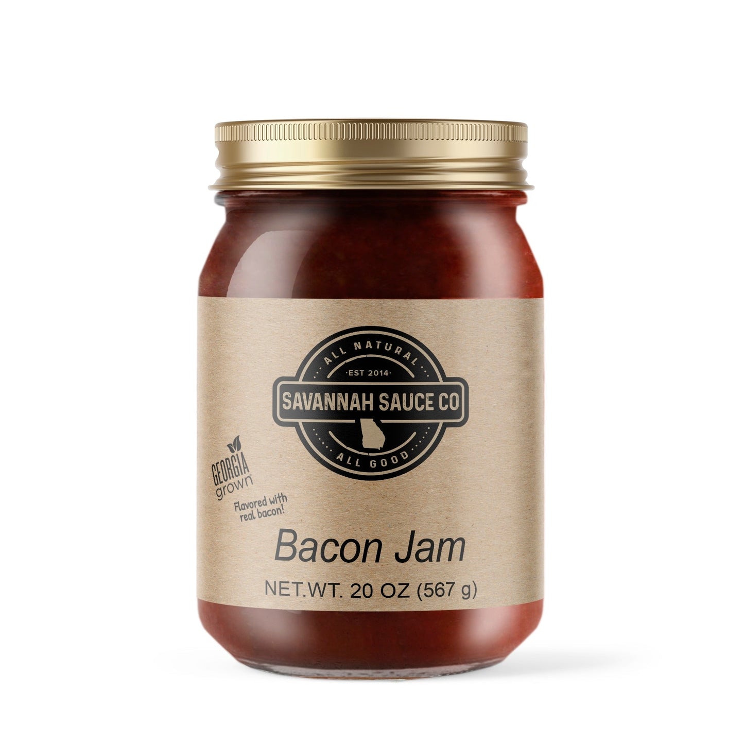 SavannahSauceCompany bacon jam jar, savory bacon pieces in sweet jam, perfect for spreads or toppings, on a white background