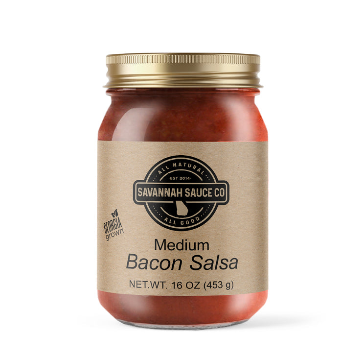 SavannahSauceCompany Bacon Salsa 12-pack case, close-up of creamy salsa with bacon bits in a glass bowl