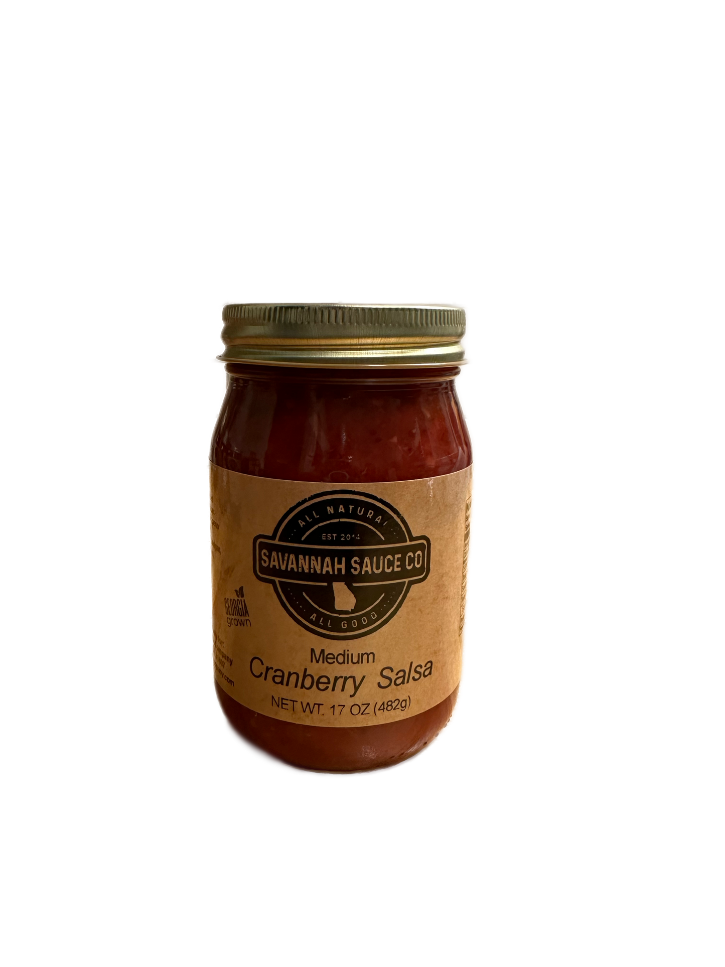 A glass jar of SavannahSauceCompany’s New Seasonal Cranberry Salsa case, featuring a gold lid and brown label, holds 17 oz (482g) of salsa. Ideal for holidays, the jar is shown on a plain white background.