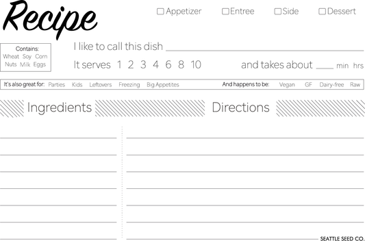 Set of modern recipe cards with colorful designs from Seattle Seed Company, perfect for organizing and sharing favorite recipes.