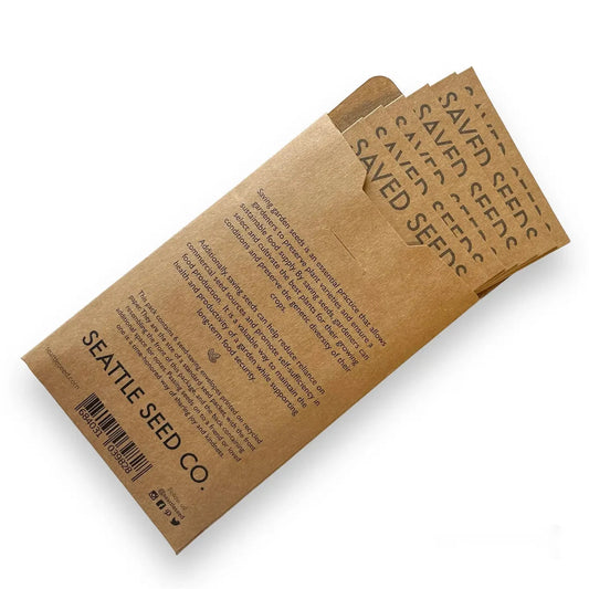 Seed saving envelopes from Seattle Seed Company for storing and organizing garden seeds, with secure paper packaging.