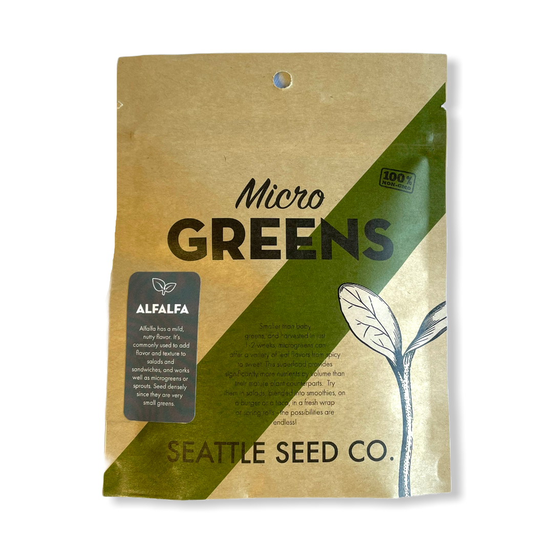 Alfalfa microgreens from Seattle Seed Company, fresh and vibrant microgreens ready for harvest or garnishing dishes.