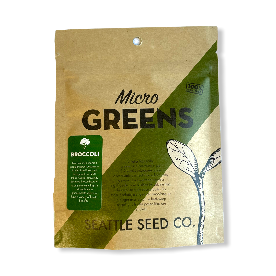 Fresh broccoli microgreens from Seattle Seed Company, vibrant green microgreens ready for harvesting or culinary use.