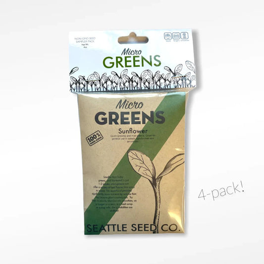 Assorted non-GMO microgreens sampler pack from Seattle Seed Company, featuring fresh, vibrant microgreens on a white background.