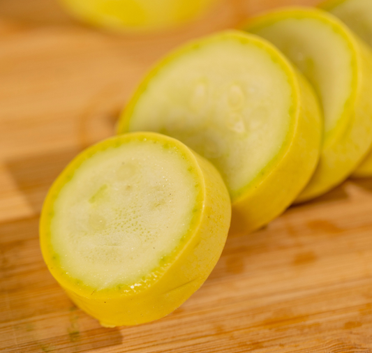 Packet of Seeds 'n Such Smooth Criminal Hybrid Summer Squash Seeds showing 15-20 seeds in a colorful packet.
