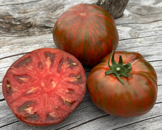 Packet of Seeds 'n Such Beefy Purple Tomato Seeds showing a colorful seed packet with purple tomato illustrations.