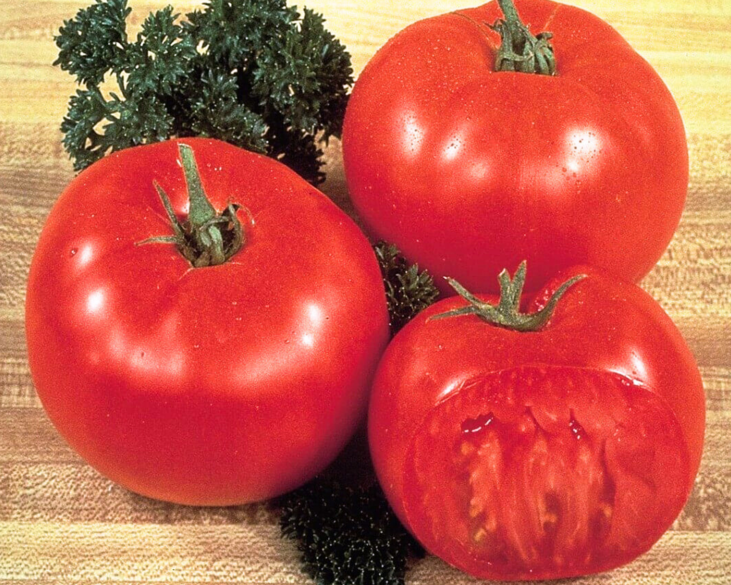 Three ripe red tomatoes, including one with a bite taken out, rest on wood with parsley behind—highlighting Seeds 'n Such's Mega Tom Giant Tomato Seeds for huge fruits and heavy yields.