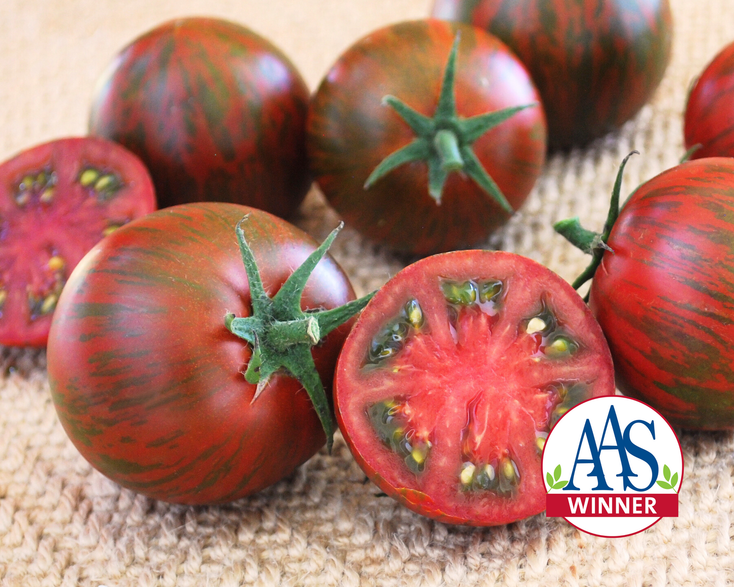 Packet of Seeds 'n Such Purple Zebra Hybrid Tomato Seeds showing five seed packets with vibrant purple and striped tomato illustrations.