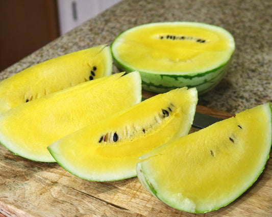 Yellow Doll Hybrid Watermelon Seeds from Seeds 'n Such in a packet showing 8 to 10 seeds for planting.