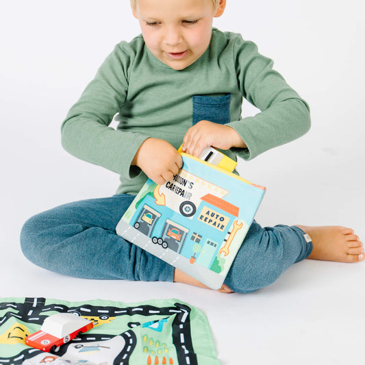Colorful toy car playmat and pouch from So Handmade Shop, designed for travel entertainment and easy storage.