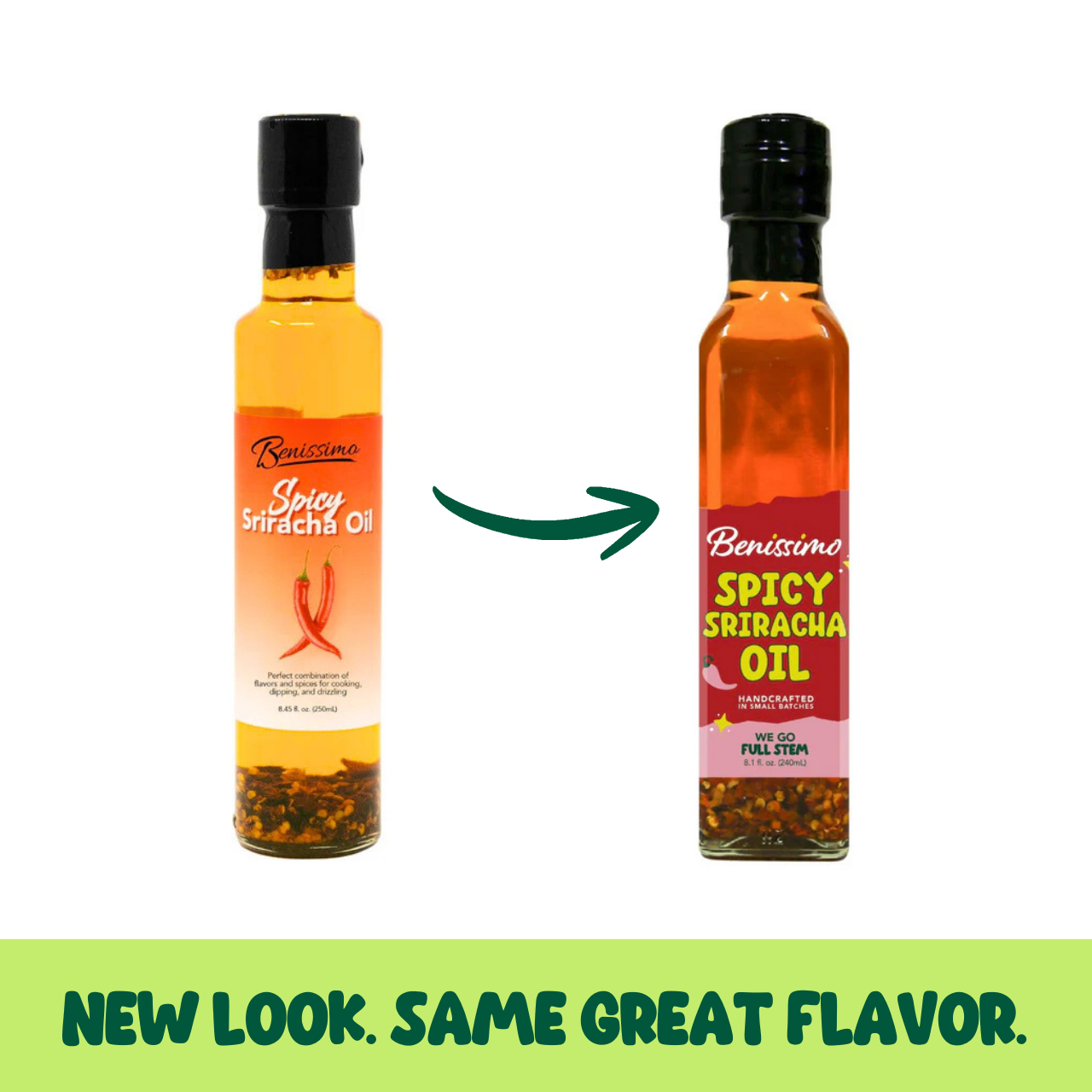 Benissimo Spicy Sriracha Oil by Hongar Farms in a 250mL bottle, featuring vibrant red chili peppers and a spicy, flavorful profile.