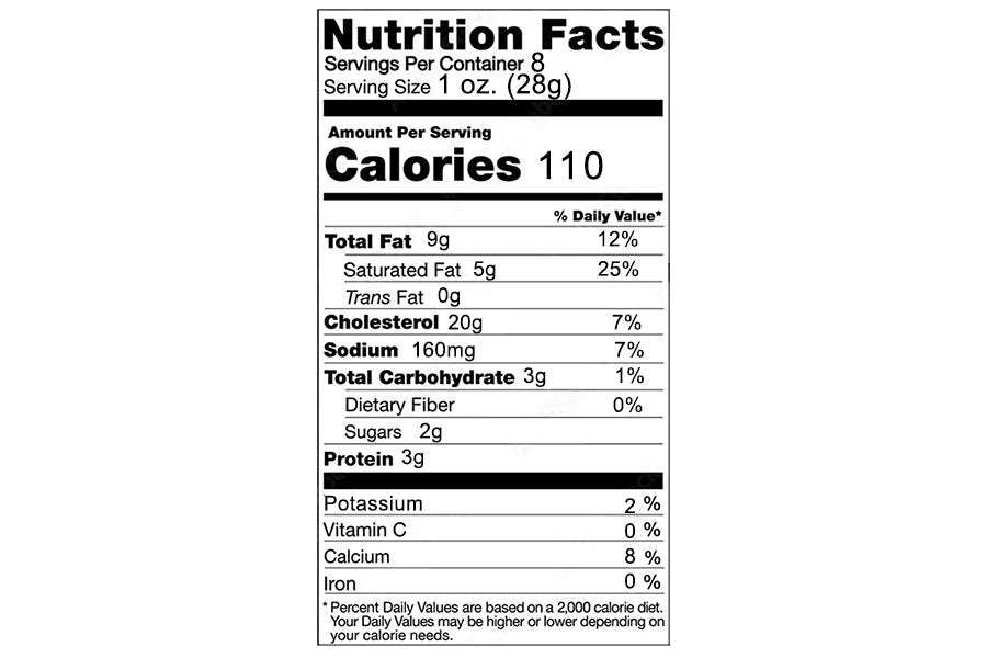 Nutrition facts for Cheese Brothers, Inc. Port Wine Cheese Spread: 8 servings per container, 1 oz (28g) each. Per serving: 110 calories, 9g fat, 3g protein—made with rich Wisconsin cheddar and port wine cheese.