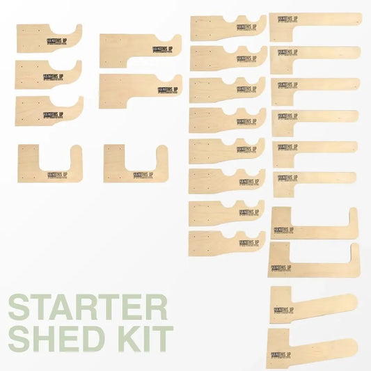 HangThis Up Deluxe Garden Tool Organizer Kit with shed storage system, wall-mounted yard tool rack for outdoor shed organization.