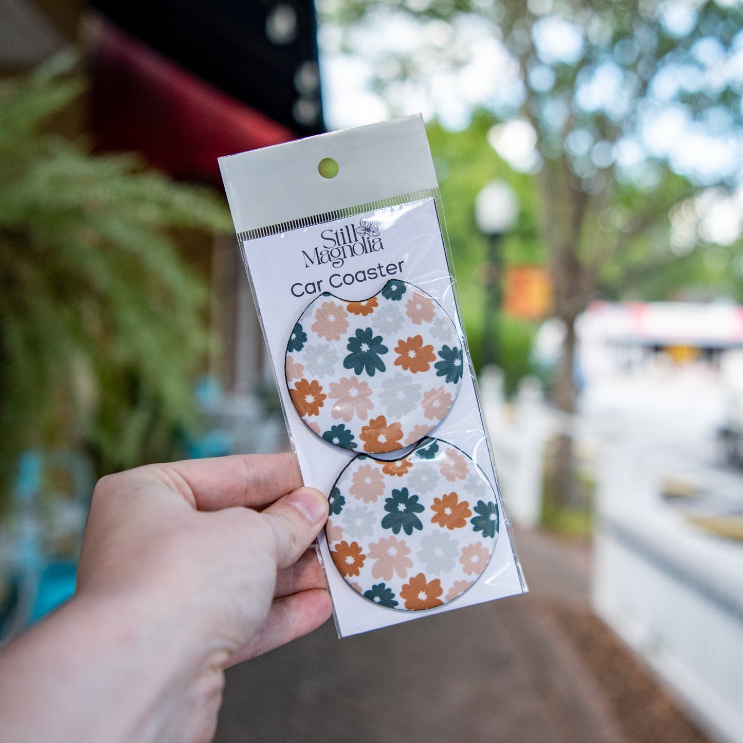 Still Magnolia retro flower pattern car coaster with colorful floral design for vehicle cup holders.