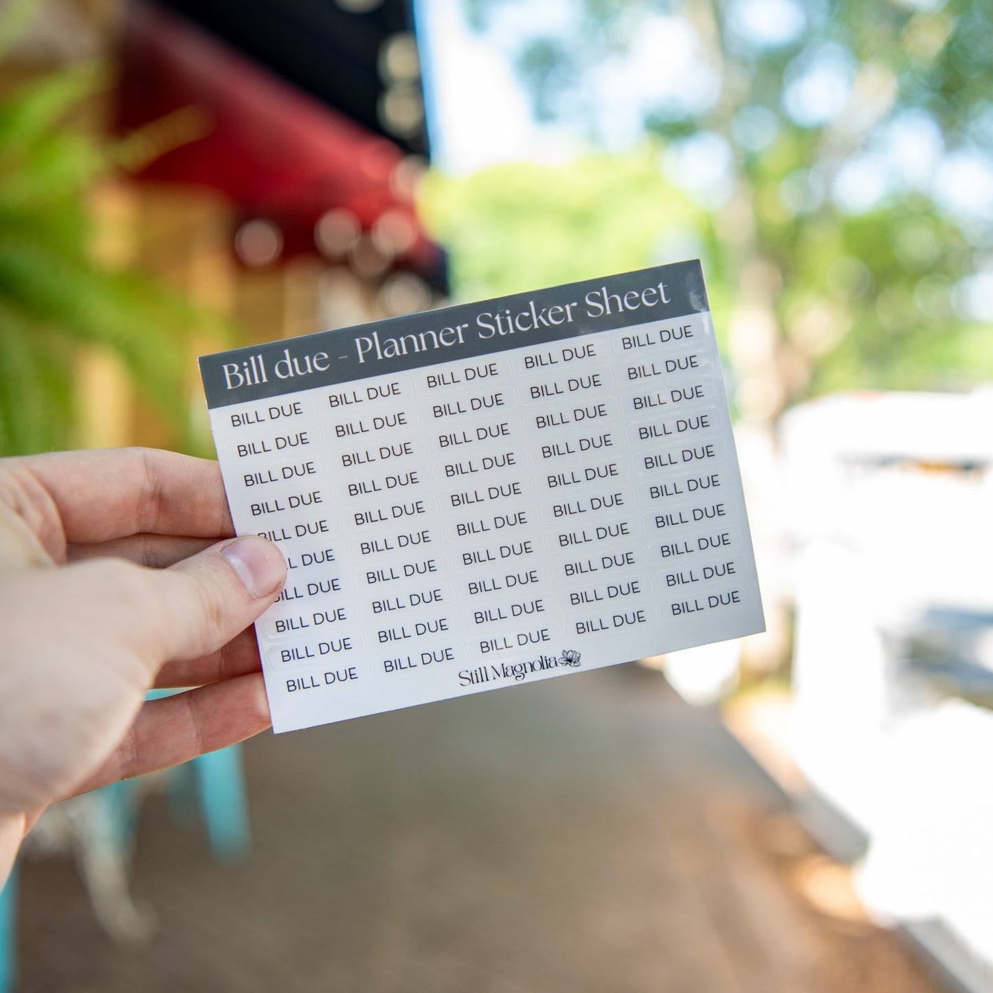Still Magnolia Bill Due planner sticker sheet featuring colorful stickers for marking bill deadlines in planners.