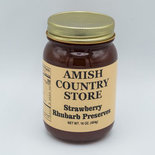 Canned strawberry rhubarb preserves in a jar from Amish Country Store, showcasing a vibrant red and green fruit spread.