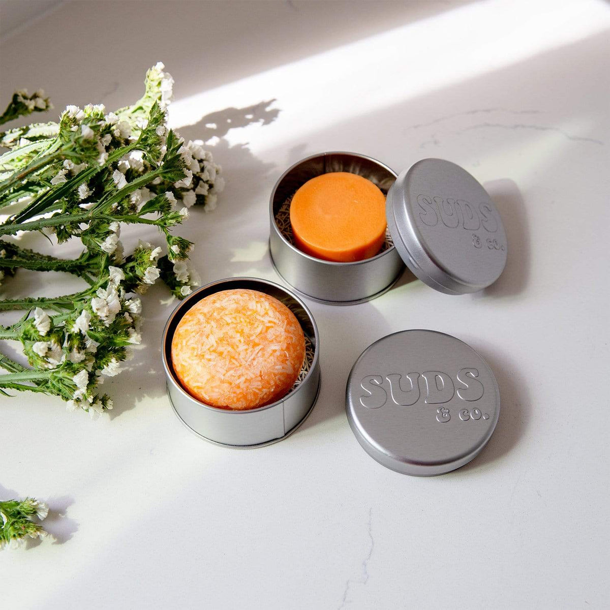 ZeroWasteStore.com shampoo and conditioner bar duo set with bright yellow packaging, suitable for all hair types, vegan and sulfate-free