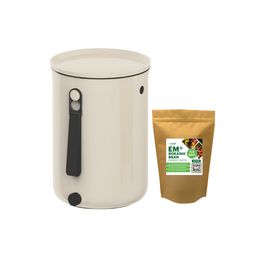A beige TeraGanix Bokashi Kitchen Compost Bin, 2.5 gal with a black handle and spout sits beside a brown EM® Bokashi Bran pouch—ideal for effective home Bokashi composting.