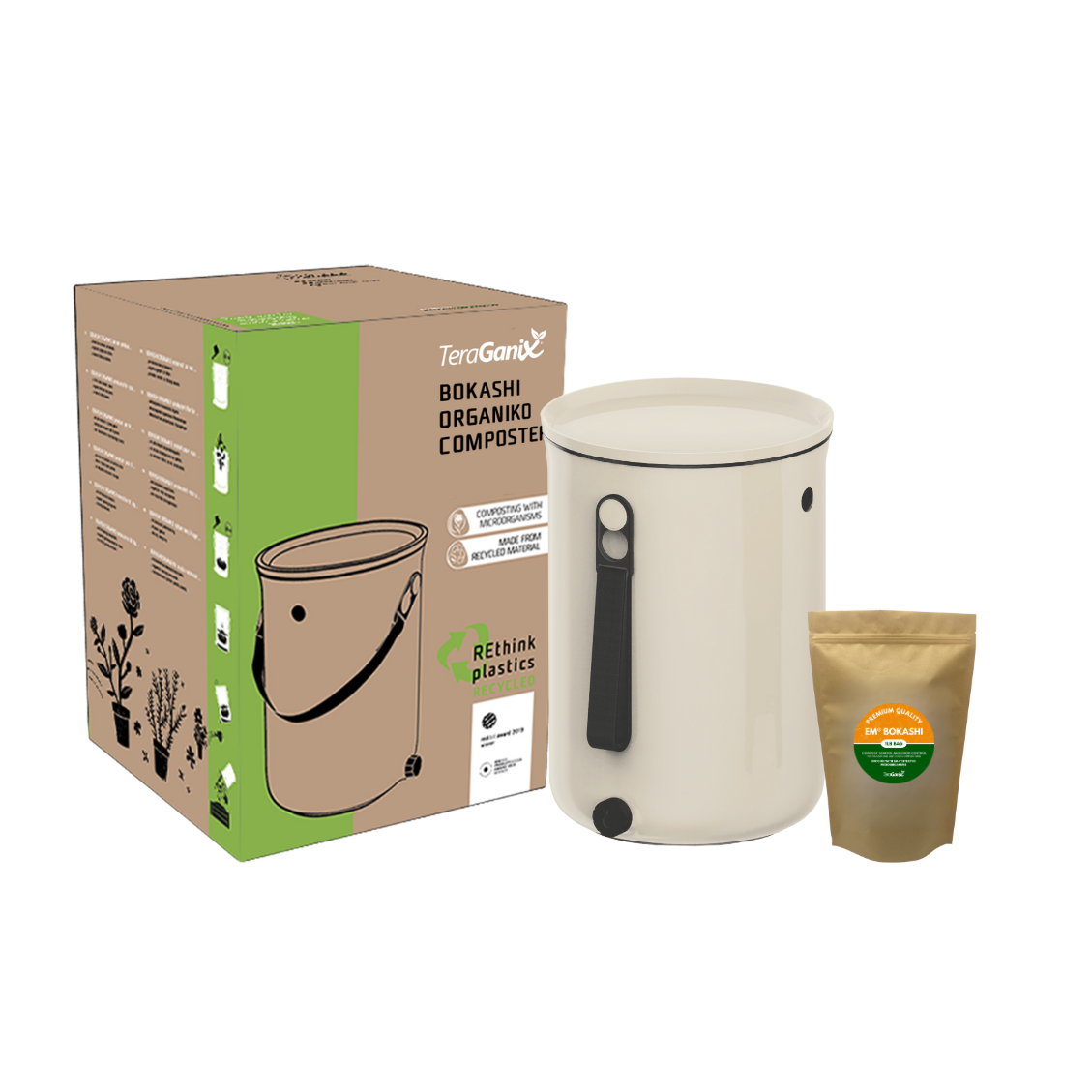 The Teraganix Wholesale Bokashi Kitchen Compost Bin 2.5 gal. set includes a beige indoor compost bin with black handle and spout, a brown packet of bokashi starter bran, and packaging with product illustrations and branding.