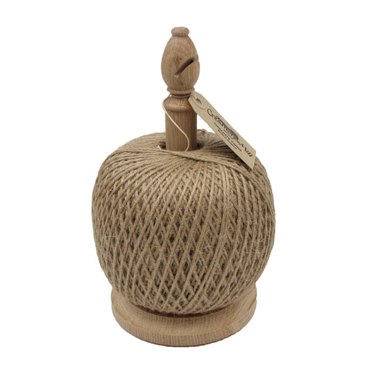 Natural oak bishop twine tidy with cutter from The Celtic Farm, featuring baker's twine made in Britain, displayed with twine spool and cutter.
