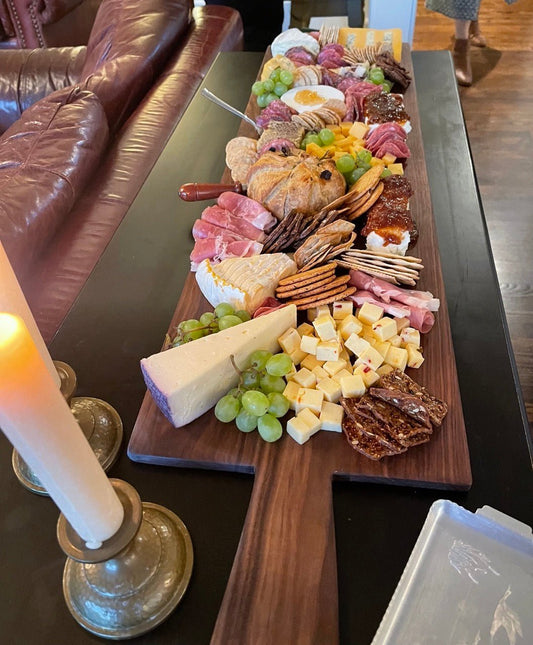 Long American Walnut Charcuterie Board by The Celtic Farm, vintage-style French breadboard with wood grain and handcrafted details.