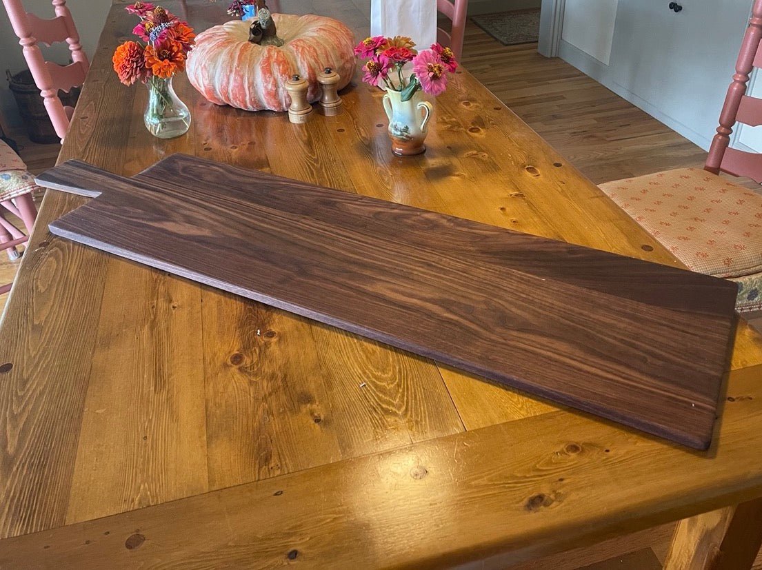 Long American Walnut Charcuterie Board by The Celtic Farm, vintage-style wooden serving board for cheese and bread.