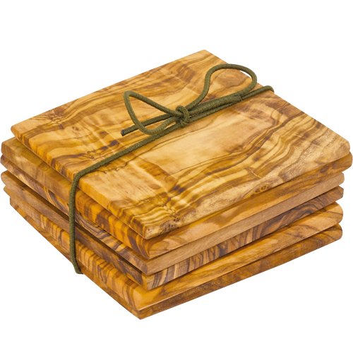 Set of six olive wood coasters from The Celtic Farm, imported from Italy, showing natural wood grain and round shape.