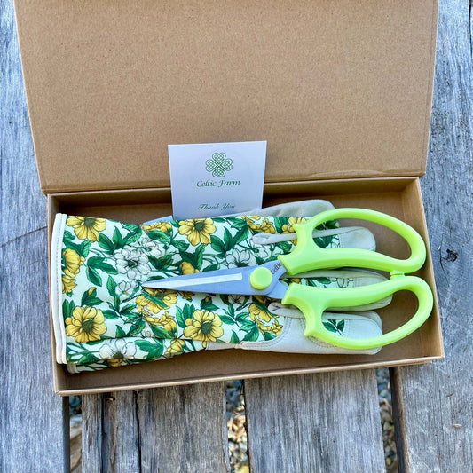 Garden Gift Box from The Celtic Farm with green and yellow gardening gloves and herb snips.